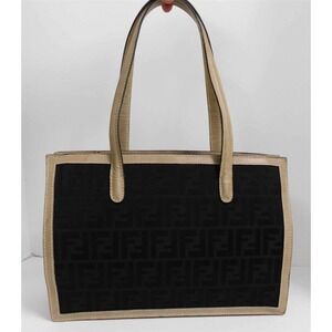 Fendi Vintage Black Zucca FF‎ Canvas Khaki Leather Shoulder Bag